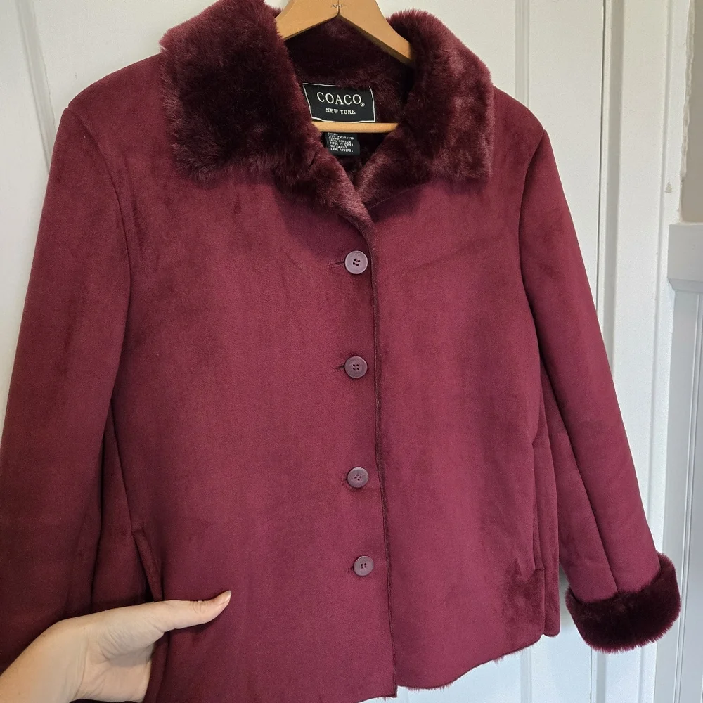 Coaco Women's Burgundy Penny Lane Coat Size S Faux Fur Trim Y2K Bratz Statement
